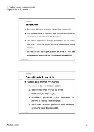O Papel da Logística na Organização
Empresarial e na Economia
Amílcar Arantes 2
© Amílcar Arantes 2003© Amílcar Arantes 2003 33
nn O inventário representa um grande e dispendioso investimento;O inventário representa um grande e dispendioso investimento;
nn Uma gestão cuidada do inventário pode proporcionar melhorariasUma gestão cuidada do inventário pode proporcionar melhorarias
consideráveis noconsideráveis no cashcash flowflow e no ROI da empresa;e no ROI da empresa;
nn Uma falta de compreensão do papel do inventário, da sua gestãoUma falta de compreensão do papel do inventário, da sua gestão
pode levar a níveis de serviço ao cliente desastrosos e custospode levar a níveis de serviço ao cliente desastrosos e custos
elevados;elevados;
ØØ É necessária uma abordagem que leve em conta osÉ necessária uma abordagem que leve em conta os tradetrade--offsoffs
entre os custos do inventário e o nível de serviço requerido.entre os custos do inventário e o nível de serviço requerido.
InventárioInventário
IntroduçãoIntrodução
© Amílcar Arantes 2003© Amílcar Arantes 2003 44
nn Razões para manter inventários:Razões para manter inventários:
1.1. obtenção de economias de escala;obtenção de economias de escala;
2.2. o equilíbrio entre a procura e a oferta;o equilíbrio entre a procura e a oferta;
3.3. especialização na produção;especialização na produção;
4.4. providencia protecção contra incertezas naprovidencia protecção contra incertezas na
procura e no ciclo de encomenda;procura e no ciclo de encomenda;
5.5. actua como umactua como um bufferbuffer (protecção) entre interfaces(protecção) entre interfaces
críticas no canal de distribuição.críticas no canal de distribuição.
InventárioInventário
Conceitos de InventárioConceitos de Inventário
 