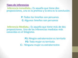 Tipos de inferencias
Inferencia inmediata.- Es aquella que tiene dos
proposiciones, una es la premisa y la otra es la conclusión.
P: Todos los limeños son peruanos
C: Algunos limeños son peruanos
Inferencia Mediata.- Es aquella que tiene más de dos
proposiciones. Una de las inferencias mediatas más
conocidas es el Silogismo.
P1: Ningún extraterrestre es terrícola
P2: Toda mujer es terrícola
C : Ninguna mujer es extraterrestre
 
