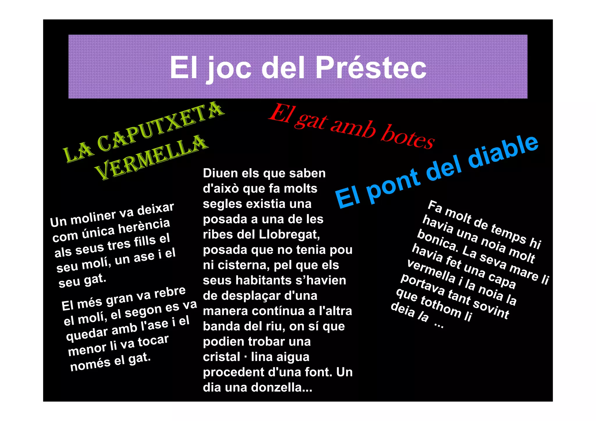 El joc del Préstec
                 ETA          E l ga t a
            U TX
         AP L L A
                                         m b bo t
                                                  es
   L A C                                                     ble
            ME                                           dia
       V ER        Diuen els que saben
                                              nt    de l
                   d'això que fa molts
                     ixar         segles existia una    E l po        Fa
        ner va de                                                           m
                                                                     hav olt de
Un moli           ència
                                  posada a una de les
                                                                           i
com ú nica her                    ribes del Llobregat,             bon a una temps
                   ls e l                                                           n
                                                                  hav ica. La oia m hi
als seu s tres fil                posada que no tenia pou
                       i el                                            i                   o
         í , un ase                                              ver a fet u seva m lt
 seu mol                          ni cisterna, pel que els            m           n
                                                                por ella i a cap are li
 seu gat.                         seus habitants s’havien           t          l
                                                               que ava ta a noia
                                                                                         a
                      rebre
  El més  gran va            va
                                  de desplaçar d'una                          n
                                                              dei tothom t sovi la
            el s egon es          manera contínua a l'altra      a la          li     nt
  el molí,                i el                                          ...
              mb l'ase            banda del riu, on sí que
   quedar a       tocar           podien trobar una
   me nor li va
                gat.              cristal · lina aigua
    només el                      procedent d'una font. Un
                                  dia una donzella...
 