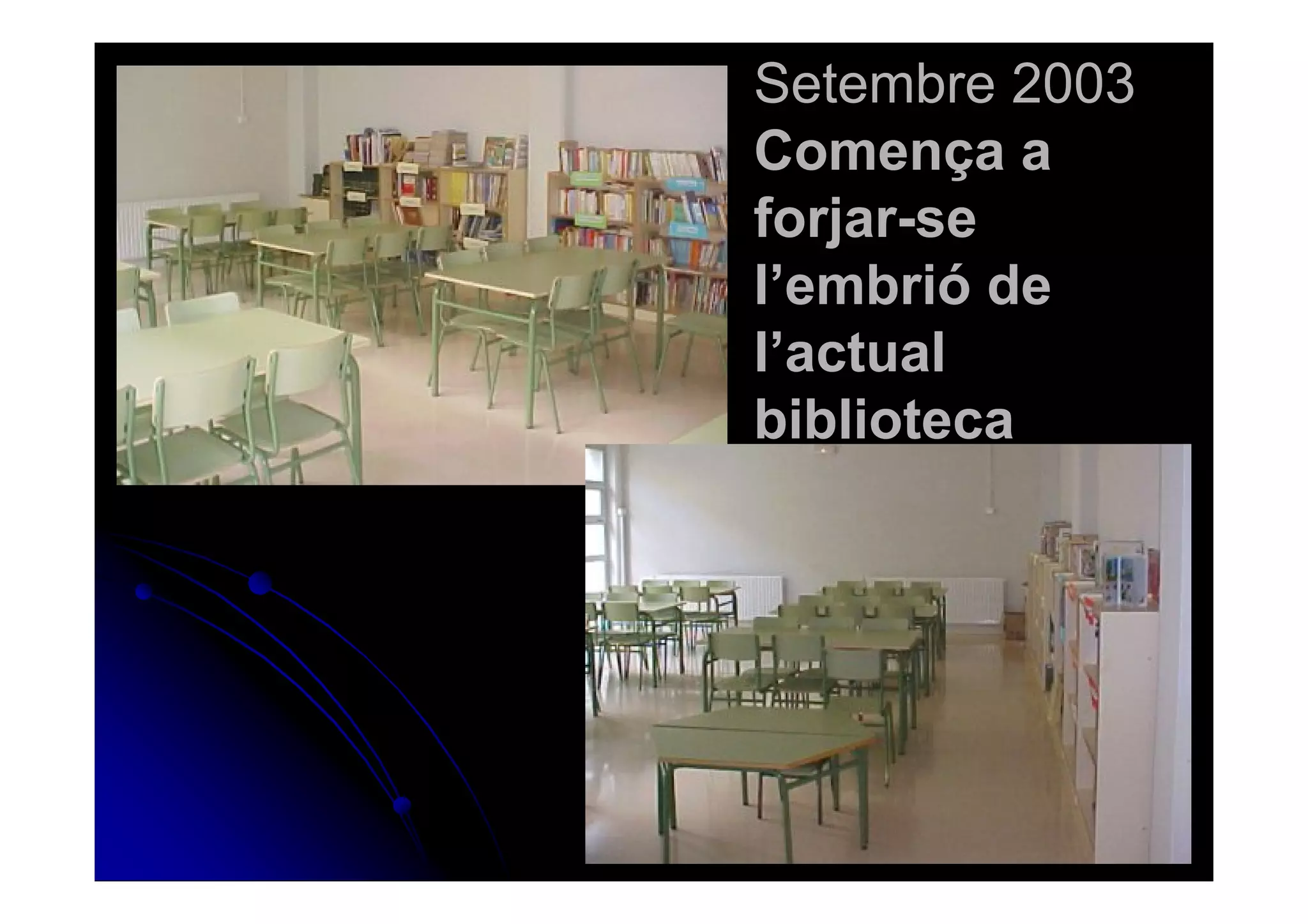 Setembre 2003
Comença a
forjar-se
l’embrió de
l’actual
biblioteca
 
