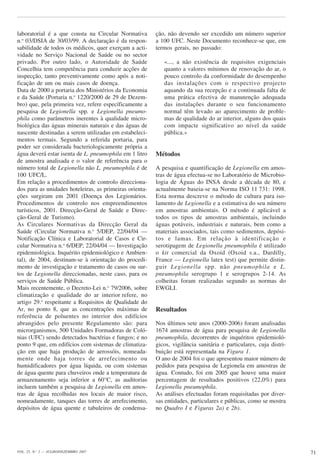 71VOL. 25, N.o
2 — JULHO/DEZEMBRO 2007
Vigilância sanitária
laboratorial é a que consta na Circular Normativa
n.o
03/DSIA de 30/03/99. A declaração é da respon-
sabilidade de todos os médicos, quer exerçam a acti-
vidade no Serviço Nacional de Saúde ou no sector
privado. Por outro lado, o Autoridade de Saúde
Concelhia tem competência para conduzir acções de
inspecção, tanto preventivamente como após a noti-
ficação de um ou mais casos de doença.
Data de 2000 a portaria dos Ministérios da Economia
e da Saúde (Portaria n.o
1220/2000 de 29 de Dezem-
bro) que, pela primeira vez, refere específicamente a
pesquisa de Legionella spp. e Legionella pneumo-
phila como parâmetros inerentes à qualidade micro-
biológica das águas minerais naturais e das águas de
nascente destinadas a serem utilizadas em estabeleci-
mentos termais. Segundo a referida portaria, para
poder ser considerada bacteriologicamente própria a
água deverá estar isenta de L. pneumophila em 1 litro
de amostra analisada e o valor de referência para o
número total de Legionella não L. pneumophila é de
100 UFC/L.
Em relação a procedimentos de controlo direcciona-
dos para as unidades hoteleiras, as primeiras orienta-
ções surgiram em 2001 (Doença dos Legionários.
Procedimentos de controlo nos empreendimentos
turísticos, 2001. Direcção-Geral de Saúde e Direc-
ção-Geral de Turismo).
As Circulares Normativas da Direcção Geral da
Saúde (Circular Normativa n.o
5/DEP, 22/04/04 —
Notificação Clínica e Laboratorial de Casos e Cir-
cular Normativa n.o
6/DEP, 22/04/04 — Investigação
epidemiológica. Inquérito epidemiológico e Ambien-
tal), de 2004, destinam-se à orientação do procedi-
mento de investigação e tratamento de casos ou sur-
tos de Legionella direccionadas, neste caso, para os
serviços de Saúde Pública.
Mais recentemente, o Decreto-Lei n.o
79/2006, sobre
climatização e qualidade do ar interior refere, no
artigo 29.o
respeitante a Requisitos de Qualidade do
Ar, no ponto 8, que as concentrações máximas de
referência de poluentes no interior dos edifícios
abrangidos pelo presente Regulamento são: para
microrganismos, 500 Unidades Formadoras de Coló-
nias (UFC) sendo detectados bactérias e fungos; e no
ponto 9 que, em edifícios com sistemas de climatiza-
ção em que haja produção de aerossóis, nomeada-
mente onde haja torres de arrefecimento ou
humidificadores por água líquida, ou com sistemas
de água quente para chuveiros onde a temperatura de
armazenamento seja inferior a 60°C, as auditorias
incluem também a pesquisa de Legionella em amos-
tras de água recolhidas nos locais de maior risco,
nomeadamente, tanques das torres de arrefecimento,
depósitos de água quente e tabuleiros de condensa-
ção, não devendo ser excedido um número superior
a 100 UFC. Neste Documento reconhece-se que, em
termos gerais, no passado:
«..., a não existência de requisitos exigenciais
quanto a valores mínimos de renovação do ar, o
pouco controlo da conformidade do desempenho
das instalações com o respectivo projecto
aquando da sua recepção e a continuada falta de
uma prática efectiva de manutenção adequada
das instalações durante o seu funcionamento
normal têm levado ao aparecimento de proble-
mas de qualidade do ar interior, alguns dos quais
com impacte significativo ao nível da saúde
pública.»
Métodos
A pesquisa e quantificação de Legionella em amos-
tras de água efectua-se no Laboratório de Microbio-
logia de Águas do INSA desde a década de 80, e
actualmente baseia-se na Norma ISO 11 731: 1998.
Esta norma descreve o método de cultura para iso-
lamento de Legionella e a estimativa do seu número
em amostras ambientais. O método é aplicável a
todos os tipos de amostras ambientais, incluindo
águas potáveis, industriais e naturais, bem como a
materiais associados, tais como sedimentos, depósi-
tos e lamas. Em relação à identificação e
serotipagem de Legionella pneumophila é utilizado
o kit comercial da Oxoid (Oxoid s.a., Dardilly,
France — Legionella latex test) que permite distin-
guir Legionella spp. não pneumophila e L.
pneumophila serogrupo 1 e serogrupos 2-14. As
colheitas foram realizadas segundo as normas do
EWGLI.
Resultados
Nos últimos sete anos (2000-2006) foram analisadas
1674 amostras de água para pesquisa de Legionella
pneumophila, decorrentes de inquéritos epidemioló-
gicos, vigilância sanitária e particulares, cuja distri-
buição está representada na Figura 1.
O ano de 2004 foi o que apresentou maior número de
pedidos para pesquisa de Legionela em amostras de
água. Contudo, foi em 2005 que houve uma maior
percentagem de resultados positivos (22,0%) para
Legionella pneumophila.
As análises efectuadas foram requisitadas por diver-
sas entidades, particulares e públicas, como se mostra
no Quadro I e Figuras 2a) e 2b).
 