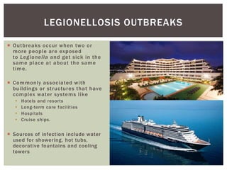  Outbreaks occur when two or
more people are exposed
to Legionella and get sick in the
same place at about the same
time.
 Commonly associated with
buildings or structures that have
complex water systems like
 Hotels and resorts
 Long-term care facilities
 Hospitals
 Cruise ships.
 Sources of infection include water
used for showering, hot tubs,
decorative fountains and cooling
towers
LEGIONELLOSIS OUTBREAKS
 