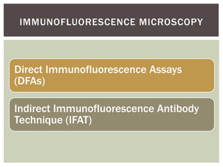 Direct Immunofluorescence Assays
(DFAs)
Indirect Immunofluorescence Antibody
Technique (IFAT)
IMMUNOFLUORESCENCE MICROSCOPY
 