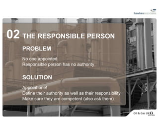 02   THE RESPONSIBLE PERSON PROBLEM No one appointed Responsible person has no authority SOLUTION Appoint one! Define their authority as well as their responsibility Make sure they are competent (also ask them) 