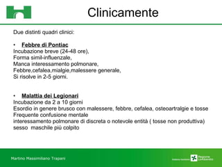 Clinicamente Due distinti quadri clinici:  Febbre di Pontiac   Incubazione breve (24-48 ore), Forma simil-influenzale, Manca interessamento polmonare, Febbre,cefalea,mialgie,malessere generale, Si risolve in 2-5 giorni. Malattia dei Legionari Incubazione da 2 a 10 giorni Esordio in genere brusco con malessere, febbre, cefalea, osteoartralgie e tosse Frequente confusione mentale interessamento polmonare di discreta o notevole entità ( tosse non produttiva) sesso  maschile più colpito Martino Massimiliano   Trapani 
