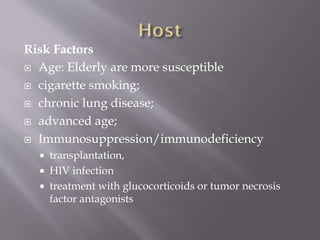 Risk Factors
 Age: Elderly are more susceptible
 cigarette smoking;
 chronic lung disease;
 advanced age;
 Immunosuppression/immunodeficiency
 transplantation,
 HIV infection
 treatment with glucocorticoids or tumor necrosis
factor antagonists
 