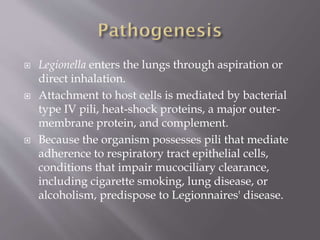  Legionella enters the lungs through aspiration or
direct inhalation.
 Attachment to host cells is mediated by bacterial
type IV pili, heat-shock proteins, a major outer-
membrane protein, and complement.
 Because the organism possesses pili that mediate
adherence to respiratory tract epithelial cells,
conditions that impair mucociliary clearance,
including cigarette smoking, lung disease, or
alcoholism, predispose to Legionnaires' disease.
 
