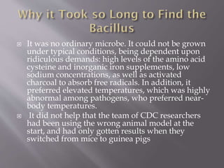  It was no ordinary microbe. It could not be grown
under typical conditions, being dependent upon
ridiculous demands: high levels of the amino acid
cysteine and inorganic iron supplements, low
sodium concentrations, as well as activated
charcoal to absorb free radicals. In addition, it
preferred elevated temperatures, which was highly
abnormal among pathogens, who preferred near-
body temperatures.
 It did not help that the team of CDC researchers
had been using the wrong animal model at the
start, and had only gotten results when they
switched from mice to guinea pigs
 