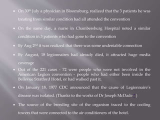  On 30th July a physician in Bloomsburg, realized that the 3 patients he was
treating from similar condition had all attended the convention
 On the same day, a nurse in Chambersburg Hospital noted a similar
condition in 3 patients who had gone to the convention
 By Aug 2nd it was realized that there was some undeniable connection
 By August, 18 legionnaires had already died, it attracted huge media
coverage
 Out of the 221 cases - 72 were people who were not involved in the
American Legion convention - people who had either been inside the
Bellevue Stratford Hotel, or had walked past it.
 On January 18, 1977 CDC announced that the cause of Legionnaire’s
disease was isolated. (Thanks to the works of Dr Joseph McDade * )
 The source of the breeding site of the organism traced to the cooling
towers that were connected to the air conditioners of the hotel.
 