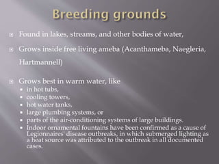  Found in lakes, streams, and other bodies of water,
 Grows inside free living ameba (Acanthameba, Naegleria,
Hartmannell)
 Grows best in warm water, like
 in hot tubs,
 cooling towers,
 hot water tanks,
 large plumbing systems, or
 parts of the air-conditioning systems of large buildings.
 Indoor ornamental fountains have been confirmed as a cause of
Legionnaires' disease outbreaks, in which submerged lighting as
a heat source was attributed to the outbreak in all documented
cases.
 