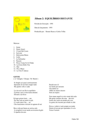 Álbum 2: EQUILÍBRIO DISTANTE

                               Período de Gravação: 1995

                               Data de lançamento: 1995

                               Produzido por: Renato Russo e Carlos Trilha




Músicas:

1.    Gente
2.    Strani Amori
3.    I Venti Del Cuore
4.    Scrivimi
5.    Dolcissima Maria
6.    Letter
7.    La Solitudine
8.    Passerà
9.    Wave/ Come Fa Un’Onda
10.    La Forza Della Vita
11.    Due
12.    Più o Meno
13.    La Vita È Adesso


GENTE
( A. Valsiglio / Cheope / M. Marati )

Si sbaglia sai quasi continuamente
Sperando di non farsi troppo male                  Perché non c'è
Ma quante volte si cade                            Un limite per nessuno
                                                   Che dentro sè
La vita sai è un filo in equilibrio                Abbia un amore sincero
E prima o poi ci ritroviamo distanti               Solo un respiro
Davanti a un bivio
                                                   Non siamo angeli in volo venuti dal cielo
Ed ogni giorno insie......me                       Ma gente comune che ama davvero
Per fare solo un metro in più                      Gente che vuole un mondo più vero
Ci vuole tutto il be......ne                       La gente che incontri per strada in città
Che riusciremo a trovare in ognuno di noi
                                                   Prova e vedrai ci sarà sempre un modo
Ma a volte poi basta un sorriso solo               Dentro di noi per poi riprendere il vo.lo
A sciogliere in noi anche un inverno di gelo       Verso il sereno
E ripartire da zero



                                                                                      Folha 132
 