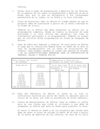 ofertas.
7. Fecha, Hora y Lugar de presentación y Apertura de las Ofertas:
En la mayoría de los casos la presentación y apertura se da el
mismo día, por lo que es obligatorio a los interesados
presentarse en el lugar, en la fecha y la hora indicada.
8. Plazo de Ejecución: Aquí se define el tiempo máximo en que el
proyecto debe de ejecutarse a partir de la fecha indicada en
la Orden de Inicio.
También se le define que debe presentar su oferta con la
programación completa, donde se indica la duración de cada
actividad y la ruta crítica del proyecto, con toda la
información pertinente a la programación. También es normal
que se solicite dicha programación en forma de diagrama de
barras.
9. Pago de Daños por Demoras y Premios: En esta parte se define
el pago que el contratista deberá hacer al dueño de la obra en
caso de incumplimiento con la fecha de finalización del
trabajo. Como ejemplo tenemos el cuadro que aparece en Volumen
I de las ESPECIFICACIONES GENERALES PARA LA CONSTRUCCION DE
CAMINOS, CALLES Y PUENTES NIC-80
Valor Original del Contrato
(En Córdobas)
Indemnización a Cobrar por Día
Calendario de Demora (En Córdobas)
Desde más de Hasta e
Incluyendo
Si el Plazo está
Estipulado en Días
Calendario o
Fecha Tope
Si el Plazo está
Estipulado en Días
de Trabajo
0
25,000
125,000
500,000
750,000
1,000,000
5,000,000
10,000,000
Más de 20,000,000
25,000
125,000
500,000
750,000
1,000,000
5,000,000
10,000,000
20,000,000
25
125
250
375
500
1,250
2,500
5,000
0.025%
35
175
350
525
700
1,750
3,500
7,000
0.035%
10. Pago del Adelanto: Se define la fecha en la cual el
contratista recibirá por parte del dueño el adelanto para el
inicio de la obra, así como el porcentaje de dicho adelanto.
11. Fianza de Mantenimiento de Oferta: Como su nombre lo indica
esta es una fianza que rinde el Licitador y que debe de
acompañar la oferta que hace al dueño para ejecutar la obra.
El monto lo define el dueño y en los proyectos del estado esta
debe de tener un plazo de validez no menor de 90 días a partir
de la fecha de apertura de las ofertas. En caso de no salir
 