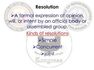 Resolution 
Ø A formal expression of opinion, 
will, or intent by an official body or 
assembled group. 
Kinds of resolutions 
Ø Simple 
Ø Concurrent 
Ø joint 
 