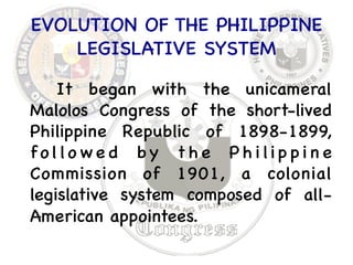 EVOLUTION OF THE PHILIPPINE 
LEGISLATIVE SYSTEM  
It began with the unicameral 
Malolos Congress of the short-lived 
Philippine Republic of 1898-1899, 
f o l l o we d b y t h e P h i li p p i n e 
Commission of 1901, a colonial 
legislative system composed of all- 
American appointees. 
 