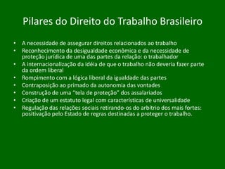 Pilares do Direito do Trabalho Brasileiro
• A necessidade de assegurar direitos relacionados ao trabalho
• Reconhecimento da desigualdade econômica e da necessidade de
proteção jurídica de uma das partes da relação: o trabalhador
• A internacionalização da idéia de que o trabalho não deveria fazer parte
da ordem liberal
• Rompimento com a lógica liberal da igualdade das partes
• Contraposição ao primado da autonomia das vontades
• Construção de uma “tela de proteção” dos assalariados
• Criação de um estatuto legal com características de universalidade
• Regulação das relações sociais retirando-os do arbítrio dos mais fortes:
positivação pelo Estado de regras destinadas a proteger o trabalho.

 