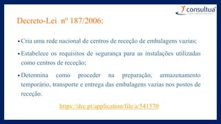 Decreto-Lei nº 187/2006:
• Cria uma rede nacional de centros de receção de embalagens vazias;
• Estabelece os requisitos de segurança para as instalações utilizadas
como centros de receção;
• Determina como proceder na preparação, armazenamento
temporário, transporte e entrega das embalagens vazias nos postos de
receção.
https://dre.pt/application/file/a/541570
 