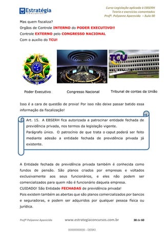 Curso Legislação aplicada à EBSERH
Teoria e exercícios comentados
Profª. Polyanne Aparecida Aula 00
Profª Polyanne Aparecida www.estrategiaconcursos.com.br 38 de 60
Mas quem fiscaliza?
Orgãos de Controle INTERNO do PODER EXECUTIVO!!
Controle EXTERNO pelo CONGRESSO NACIONAL
Com o auxílio do TCU!
Isso é a cara de questão de prova! Por isso não deixe passar batido essa
informação da fiscalização!
A Entidade fechada de previdência privada também é conhecida como
fundos de pensão. São planos criados por empresas e voltados
exclusivamente aos seus funcionários, e eles não podem ser
comercializados para quem não é funcionário daquela empresa.
CUIDADO! São Entidade FECHADAS de previdência privada!
Pois existem também as abertas que são planos comercializados por bancos
e seguradoras, e podem ser adquiridos por qualquer pessoa física ou
jurídica.
Art. 15. A EBSERH fica autorizada a patrocinar entidade fechada de
previdência privada, nos termos da legislação vigente.
Parágrafo único. O patrocínio de que trata o caput poderá ser feito
mediante adesão a entidade fechada de previdência privada já
existente.
Poder Executivo Congresso Nacional Tribunal de contas da União
00000000000
00000000000 - DEMO
 