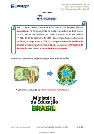 Curso Legislação aplicada à EBSERH
Teoria e exercícios comentados
Profª. Polyanne Aparecida Aula 00
Profª Polyanne Aparecida www.estrategiaconcursos.com.br 46 de 60
RESUMO
Lembre-se: Patrimônio próprio e capital exclusivo da UNIÃO!
A EBSERH é vinculada ao MINISTÉRIO DA EDUCAÇÃO!!
Art. 1o Fica o Poder Executivo autorizado a criar empresa pública
unipessoal, na forma definida no inciso II do art. 5o do Decreto-Lei
no 200, de 25 de fevereiro de 1967, e no art. 5o do Decreto-Lei
no 900, de 29 de setembro de 1969, denominada Empresa Brasileira
de Serviços Hospitalares - EBSERH, com personalidade jurídica de
direito privado e patrimônio próprio, vinculada ao Ministério da
Educação, com prazo de duração indeterminado
00000000000
00000000000 - DEMO
 