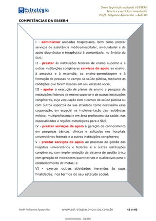 Curso Legislação aplicada à EBSERH
Teoria e exercícios comentados
Profª. Polyanne Aparecida Aula 00
Profª Polyanne Aparecida www.estrategiaconcursos.com.br 48 de 60
COMPETÊNCIAS DA EBSERH
I - administrar unidades hospitalares, bem como prestar
serviços de assistência médico-hospitalar, ambulatorial e de
apoio diagnóstico e terapêutico à comunidade, no âmbito do
SUS;
II - prestar às instituições federais de ensino superior e a
outras instituições congêneres serviços de apoio ao ensino,
à pesquisa e à extensão, ao ensino-aprendizagem e à
formação de pessoas no campo da saúde pública, mediante as
condições que forem fixadas em seu estatuto social;
III - apoiar a execução de planos de ensino e pesquisa de
instituições federais de ensino superior e de outras instituições
congêneres, cuja vinculação com o campo da saúde pública ou
com outros aspectos da sua atividade torne necessária essa
cooperação, em especial na implementação das residências
médica, multiprofissional e em área profissional da saúde, nas
especialidades e regiões estratégicas para o SUS;
IV - prestar serviços de apoio à geração do conhecimento
em pesquisas básicas, clínicas e aplicadas nos hospitais
universitários federais e a outras instituições congêneres;
V - prestar serviços de apoio ao processo de gestão dos
hospitais universitários e federais e a outras instituições
congêneres, com implementação de sistema de gestão único
com geração de indicadores quantitativos e qualitativos para o
estabelecimento de metas; e
VI - exercer outras atividades inerentes às suas
finalidades, nos termos do seu estatuto social.
00000000000
00000000000 - DEMO
 