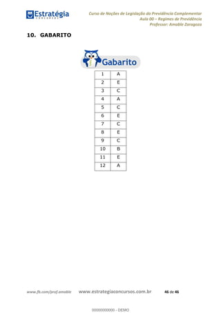 Curso de Noções de Legislação da Previdência Complementar
Aula 00 Regimes de Previdência
Professor: Amable Zaragoza
www.fb.com/prof.amable www.estrategiaconcursos.com.br 46 de 46
10. GABARITO
1 A
2 E
3 C
4 A
5 C
6 E
7 C
8 E
9 C
10 B
11 E
12 A
00000000000
00000000000 - DEMO
 