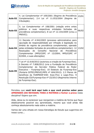 Curso de Noções de Legislação da Previdência Complementar
Aula 00 Regimes de Previdência
Professor: Amable Zaragoza
www.fb.com/prof.amable www.estrategiaconcursos.com.br 6 de 46
Aula 02
4. Lei Complementar nº 109/2001 (Regime de Previdência
Complementar). 2.4 Lei nº 11.053/2004 (Regime de
tributação).
23/01
Aula 03
5. Lei Complementar nº 108/2001 (relação entre entes
públicos e suas respectivas entidades fechadas de
previdência complementar); 8 Lei nº 12.154/2009 (criou a
PREVIC).
06/02
Aula 04
11 Decreto nº 4.942/2003 (processo administrativo para
apuração de responsabilidade por infração à legislação no
âmbito do regime da previdência complementar, operado
pelas entidades fechadas de previdência complementar). 12
Resoluções do Conselho Nacional de Previdência
Complementar (MPS/CGPC nº 13/2004; MPS/CGPC nº
8/2004, e suas alterações)
13/02
Aula 05
7 Lei nº 12.618/2012 (autorizou a criação da Funpresp-Exe).
6 Decreto nº 7.808/2012 (cria a Fundação de Previdência
Complementar do Servidor Público Federal do Poder
Executivo - Funpresp-Exe). 10 Estatuto da Funpresp-Exe
(Portaria DITEC/PREVIC/MPS nº 604/2012). 2.3 Planos de
benefícios da FUNPRESP-EXE: Exec-Prev e Legis-Prev. 9
Resolução CD/Funpresp-Exe nº 22/2013 (Regimento Interno
da Funpresp-Exe).
20/02
Percebeu que você terá aqui tudo o que você precisa saber para
APRENDER (OU REVISAR) TODA A MATÉRIA e fechar a prova nesta
disciplina? Espero que sim.
Aliás, deixa eu te esclarecer que reorganizei a matéria de forma que fique
didaticamente possível seu aprendizado, mesmo que você ainda não
conheça absolutamente nada sobre a matéria.
Vamos dar uma olhada em nossa Estratégia de Estudo que sugerimos em
nosso curso...
00000000000
00000000000 - DEMO
 