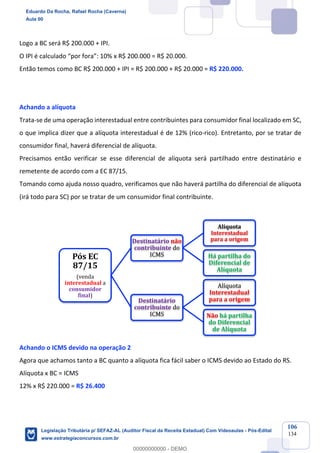 Prof. Eduardo da Rocha
Aula 00
106
134
Logo a BC será R$ 200.000 + IPI.
O IPI é calculado “por fora”: 10% x R$ 200.000 = R$ 20.000.
Então temos como BC R$ 200.000 + IPI = R$ 200.000 + R$ 20.000 = R$ 220.000.
Achando a alíquota
Trata-se de uma operação interestadual entre contribuintes para consumidor final localizado em SC,
o que implica dizer que a alíquota interestadual é de 12% (rico-rico). Entretanto, por se tratar de
consumidor final, haverá diferencial de alíquota.
Precisamos então verificar se esse diferencial de alíquota será partilhado entre destinatário e
remetente de acordo com a EC 87/15.
Tomando como ajuda nosso quadro, verificamos que não haverá partilha do diferencial de alíquota
(irá todo para SC) por se tratar de um consumidor final contribuinte.
Achando o ICMS devido na operação 2
Agora que achamos tanto a BC quanto a alíquota fica fácil saber o ICMS devido ao Estado do RS.
Alíquota x BC = ICMS
12% x R$ 220.000 = R$ 26.400
Pós	EC	
87/15
(venda	
interestadual a	
consumidor	
final)
Destinatário	não
contribuinte	do	
ICMS
Alíquota	
Interestadual	
para	a	origem
Há	partilha	do	
Diferencial	de	
Alíquota
Destinatário	
contribuinte	do	
ICMS
Alíquota	
Interestadual	
para	a	origem
Não	há	partilha	
do	Diferencial	
de	Alíquota
Eduardo Da Rocha, Rafael Rocha (Caverna)
Aula 00
Legislação Tributária p/ SEFAZ-AL (Auditor Fiscal da Receita Estadual) Com Videoaulas - Pós-Edital
www.estrategiaconcursos.com.br
0
00000000000 - DEMO
 