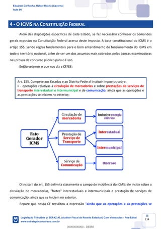 Prof. Eduardo da Rocha
Aula 00
11
134
4 - O ICMS NA CONSTITUIÇÃO FEDERAL
Além das disposições específicas de cada Estado, se faz necessário conhecer os comandos
gerais expostos na Constituição Federal acerca deste imposto. A base constitucional do ICMS é o
artigo 155, sendo regras fundamentais para o bom entendimento do funcionamento do ICMS em
todo o território nacional, além de ser um dos assuntos mais cobrados pelas bancas examinadoras
nas provas de concurso público para o Fisco.
Então vejamos o que nos diz a CF/88:
Art. 155. Compete aos Estados e ao Distrito Federal instituir impostos sobre:
II - operações relativas à circulação de mercadorias e sobre prestações de serviços de
transporte interestadual e intermunicipal e de comunicação, ainda que as operações e
as prestações se iniciem no exterior;
O inciso II do art. 155 delimita claramente o campo de incidência do ICMS: ele incide sobre a
circulação de mercadorias, "fretes" interestaduais e intermunicipais e prestação de serviços de
comunicação, ainda que se iniciem no exterior.
Repare que nossa CF ressaltou a expressão “ainda que as operações e as prestações se
Fato	
Gerador		
ICMS
Circulação	de
mercadoria
Inclusive	energia	
elétrica
Prestação	de	
Serviço	de	
Transporte
Interestadual
Intermunicipal
Serviço	de	
Comunicação
Oneroso
Eduardo Da Rocha, Rafael Rocha (Caverna)
Aula 00
Legislação Tributária p/ SEFAZ-AL (Auditor Fiscal da Receita Estadual) Com Videoaulas - Pós-Edital
www.estrategiaconcursos.com.br
0
00000000000 - DEMO
 