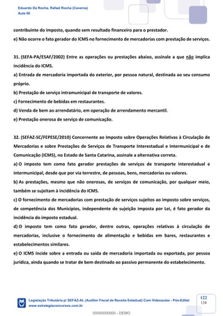 Prof. Eduardo da Rocha
Aula 00
122
134
contribuinte do imposto, quando sem resultado financeiro para o prestador.
e) Não ocorre o fato gerador do ICMS no fornecimento de mercadorias com prestação de serviços.
31. (SEFA-PA/ESAF/2002) Entre as operações ou prestações abaixo, assinale a que não implica
incidência do ICMS.
a) Entrada de mercadoria importada do exterior, por pessoa natural, destinada ao seu consumo
próprio.
b) Prestação de serviço intramunicipal de transporte de valores.
c) Fornecimento de bebidas em restaurantes.
d) Venda de bem ao arrendatário, em operação de arrendamento mercantil.
e) Prestação onerosa de serviço de comunicação.
32. (SEFAZ-SC/FEPESE/2010) Concernente ao Imposto sobre Operações Relativas à Circulação de
Mercadorias e sobre Prestações de Serviços de Transporte Interestadual e Intermunicipal e de
Comunicação (ICMS), no Estado de Santa Catarina, assinale a alternativa correta.
a) O imposto tem como fato gerador prestações de serviços de transporte interestadual e
intermunicipal, desde que por via terrestre, de pessoas, bens, mercadorias ou valores.
b) As prestações, mesmo que não onerosas, de serviços de comunicação, por qualquer meio,
também se sujeitam à incidência do ICMS.
c) O fornecimento de mercadorias com prestação de serviços sujeitos ao imposto sobre serviços,
de competência dos Municípios, independente de sujeição imposta por Lei, é fato gerador da
incidência do imposto estadual.
d) O imposto tem como fato gerador, dentre outras, operações relativas à circulação de
mercadorias, inclusive o fornecimento de alimentação e bebidas em bares, restaurantes e
estabelecimentos similares.
e) O ICMS incide sobre a entrada ou saída de mercadoria importada ou exportada, por pessoa
jurídica, ainda quando se tratar de bem destinado ao passivo permanente do estabelecimento.
Eduardo Da Rocha, Rafael Rocha (Caverna)
Aula 00
Legislação Tributária p/ SEFAZ-AL (Auditor Fiscal da Receita Estadual) Com Videoaulas - Pós-Edital
www.estrategiaconcursos.com.br
0
00000000000 - DEMO
 