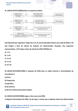 Prof. Eduardo da Rocha
Aula 00
127
134
41. (SEFAZ-SP/FCC/2006)Analise os esquemas abaixo:
Considerando que segundo o artigo 155, § 2º, XI, da Constituição Federal, que cuida do ICMS, o IPI
não integra a base de cálculo do imposto em determinadas situações. Dos esquemas
representados, o IPI integra a base de cálculo do ICMS APENAS em
a) I e II.
b) I e III.
c) II e III.
d) II e IV.
e) III e IV.
42. (SEFAZ-SP/VUNESP/2002) A alíquota do ICMS para as saídas internas e interestaduais de
mercadorias é
a) Única.
b) Progressiva.
c) Específica.
d) Ad valorem.
e) De livre arbitramento pelos Estados.
43. (SEFAZ-ES/CESPE/2008) Julgue o item acerca da ICMS.
A alíquota interestadual de ICMS, via de regra, é menor que a alíquota interna de determinados
Eduardo Da Rocha, Rafael Rocha (Caverna)
Aula 00
Legislação Tributária p/ SEFAZ-AL (Auditor Fiscal da Receita Estadual) Com Videoaulas - Pós-Edital
www.estrategiaconcursos.com.br
0
00000000000 - DEMO
 