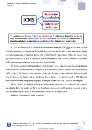 Prof. Eduardo da Rocha
Aula 00
23
134
IV - resolução do Senado Federal, de iniciativa do Presidente da República ou de um
terço dos Senadores, aprovada pela maioria absoluta de seus membros, estabelecerá as
alíquotas aplicáveis às operações e prestações, interestaduais e de exportação;
A CF/88 estabelece que as alíquotas interestaduais e de exportação serão fixadas pelo Senado
Federal por iniciativa do Presidente da República ou um terço dos Senadores, aprovados por maioria
absoluta. Isso porque a imposição do imposto é repartida entre os entes da Federação e nada mais
justo que o Senado, o qual é composto por representantes dos Estados, estabeleça alíquotas
uniformes para operações que envolvem mais de um Estado.
Na prática, as alíquotas fixadas são de: 4% (transporte aéreo e op. Interestadual com produtos
importados ou que tenham em sua composição mais de 40% de produto importado, de acordo com
a RSF 13/2012), 7% (origem dos Estados da região Sul e Sudeste, exceto o Espírito Santo e destino
para os Estados da Região Norte, Nordeste, Centro-Oeste e o Espírito Santo) e 12% (demais
operações interestaduais) para operações e prestações interestaduais e 13% para exportações.
Muito comum é a indagação feita por alunos mais experientes a respeito da alíquota de
exportação. Sim, ela existe por força da Resolução do Senado 22/89 porém encontra-se sem
aplicabilidade uma vez que a EC 42/03 concedeu imunidade às exportações.
Pra fixar, fiz uma tabela. Ela é essencial!
ICMS
Será	Não-
cumulativo
Poderá	ser	
Seletivo
Eduardo Da Rocha, Rafael Rocha (Caverna)
Aula 00
Legislação Tributária p/ SEFAZ-AL (Auditor Fiscal da Receita Estadual) Com Videoaulas - Pós-Edital
www.estrategiaconcursos.com.br
0
00000000000 - DEMO
 