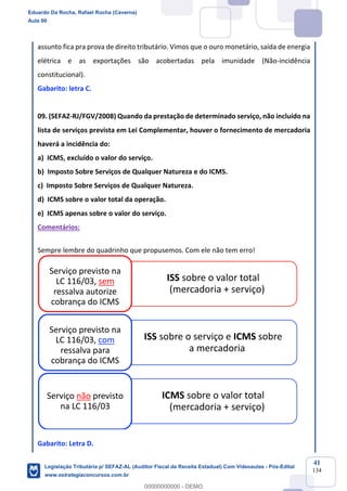 Prof. Eduardo da Rocha
Aula 00
41
134
assunto fica pra prova de direito tributário. Vimos que o ouro monetário, saída de energia
elétrica e as exportações são acobertadas pela imunidade (Não-incidência
constitucional).
Gabarito: letra C.
09. (SEFAZ-RJ/FGV/2008) Quando da prestação de determinado serviço, não incluído na
lista de serviços prevista em Lei Complementar, houver o fornecimento de mercadoria
haverá a incidência do:
a) ICMS, excluído o valor do serviço.
b) Imposto Sobre Serviços de Qualquer Natureza e do ICMS.
c) Imposto Sobre Serviços de Qualquer Natureza.
d) ICMS sobre o valor total da operação.
e) ICMS apenas sobre o valor do serviço.
Comentários:
Sempre lembre do quadrinho que propusemos. Com ele não tem erro!
Gabarito: Letra D.
ISS sobre o valor total
(mercadoria + serviço)
Serviço previsto na
LC 116/03, sem
ressalva autorize
cobrança do ICMS
ISS sobre o serviço e ICMS sobre
a mercadoria
Serviço previsto na
LC 116/03, com
ressalva para
cobrança do ICMS
ICMS sobre o valor total
(mercadoria + serviço)
Serviço não previsto
na LC 116/03
Eduardo Da Rocha, Rafael Rocha (Caverna)
Aula 00
Legislação Tributária p/ SEFAZ-AL (Auditor Fiscal da Receita Estadual) Com Videoaulas - Pós-Edital
www.estrategiaconcursos.com.br
0
00000000000 - DEMO
 
