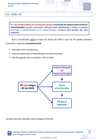 Prof. Eduardo da Rocha
Aula 00
46
134
4.5 - ICMS X IPI
XI - não compreenderá, em sua base de cálculo, o montante do imposto sobre produtos
industrializados, quando a operação, realizada entre contribuintes e relativa a produto
destinado à industrialização ou à comercialização, configure fato gerador dos dois
impostos;
Quis a constituição excluir da base de cálculo do ICMS o valor do IPI quando estiverem
presentes 3 requisitos cumulativamente:
ü Operação entre contribuintes;
ü Produtos destinados à industrialização ou comercialização;
ü Seja fato gerador dos 2 impostos, o IPI e o ICMS.
Acredito que com exemplos você conseguirá entender...
IPI não integra
BC do ICMS
Industrialização
ou
Comercialização
+
+
Entre
contribuintes
FG dos 2
impostos
Eduardo Da Rocha, Rafael Rocha (Caverna)
Aula 00
Legislação Tributária p/ SEFAZ-AL (Auditor Fiscal da Receita Estadual) Com Videoaulas - Pós-Edital
www.estrategiaconcursos.com.br
0
00000000000 - DEMO
 