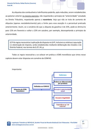 Prof. Eduardo da Rocha
Aula 00
57
134
As alíquotas dos combustíveis e lubrificantes poderão, após reduzidas, serem restabelecidas
ao patamar anterior no mesmo exercício, não respeitando o princípio da “anterioridade” estudado
no Direito Tributário, respeitando apenas a noventena. Veja que não se trata de aumento de
alíquotas (apenas reestabelecimento) pois o limite para essa exceção é o percentual praticado
anteriormente. Assim, se o convênio diz que a alíquota da gasolina é de 25%, pode-se diminuí-la
para 15% em fevereiro e voltar a 25% em outubro, por exemplo, desrespeitando o princípio da
anterioridade.
§ 5º As regras necessárias à aplicação do disposto no § 4º, inclusive as relativas à apuração
e à destinação do imposto, serão estabelecidas mediante deliberação dos Estados e do
Distrito Federal, nos termos do § 2º, XII, g.
Todas as regras necessárias a se colocar em prática o ICMS monofásico que vimos nesse
capítulo devem estar dispostas em convênio do CONFAZ.
Importante:
Alíquotas	do	ICMS-
monofásico
Uniformes
Podem	ser	diferenciadas	
por	produtos
Exceção	à	anterioridade	
anual
Exceção	à	legalidade
Específicas	ou	"ad	
valorem"
Definidas	no	CONFAZ
Eduardo Da Rocha, Rafael Rocha (Caverna)
Aula 00
Legislação Tributária p/ SEFAZ-AL (Auditor Fiscal da Receita Estadual) Com Videoaulas - Pós-Edital
www.estrategiaconcursos.com.br
0
00000000000 - DEMO
 