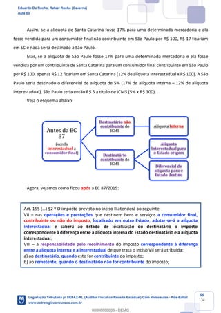 Prof. Eduardo da Rocha
Aula 00
66
134
Assim, se a alíquota de Santa Catarina fosse 17% para uma determinada mercadoria e ela
fosse vendida para um consumidor final não contribuinte em São Paulo por R$ 100, R$ 17 ficariam
em SC e nada seria destinado a São Paulo.
Mas, se a alíquota de São Paulo fosse 17% para uma determinada mercadoria e ela fosse
vendida por um contribuinte de Santa Catarina para um consumidor final contribuinte em São Paulo
por R$ 100, apenas R$ 12 ficariam em Santa Catarina (12% de alíquota interestadual x R$ 100). A São
Paulo seria destinado o diferencial de alíquota de 5% (17% de alíquota interna – 12% de alíquota
interestadual). São Paulo teria então R$ 5 a título de ICMS (5% x R$ 100).
Veja o esquema abaixo:
Agora, vejamos como ficou após a EC 87/2015:
Art. 155 (…) §2 º O imposto previsto no inciso II atenderá ao seguinte:
VII – nas operações e prestações que destinem bens e serviços a consumidor final,
contribuinte ou não do imposto, localizado em outro Estado, adotar-se-á a alíquota
interestadual e caberá ao Estado de localização do destinatário o imposto
correspondente à diferença entre a alíquota interna do Estado destinatário e a alíquota
interestadual;
VIII – a responsabilidade pelo recolhimento do imposto correspondente à diferença
entre a alíquota interna e a interestadual de que trata o inciso VII será atribuída:
a) ao destinatário, quando este for contribuinte do imposto;
b) ao remetente, quando o destinatário não for contribuinte do imposto;
Antes	da	EC	
87
(venda	
interestadual a	
consumidor	final)
Destinatário	não
contribuinte	do	
ICMS
Alíquota	Interna
Destinatário	
contribuinte	do	
ICMS
Alíquota	
Interestadual	para	
o	Estado	origem
Diferencial	de	
alíquota	para	o	
Estado	destino
Eduardo Da Rocha, Rafael Rocha (Caverna)
Aula 00
Legislação Tributária p/ SEFAZ-AL (Auditor Fiscal da Receita Estadual) Com Videoaulas - Pós-Edital
www.estrategiaconcursos.com.br
0
00000000000 - DEMO
 