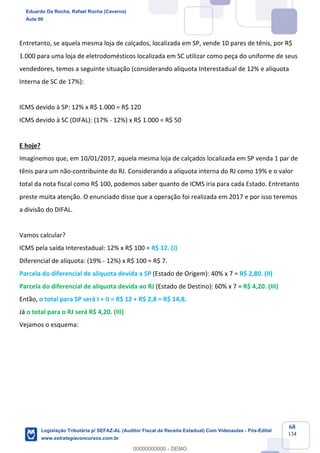 Prof. Eduardo da Rocha
Aula 00
68
134
Entretanto, se aquela mesma loja de calçados, localizada em SP, vende 10 pares de tênis, por R$
1.000 para uma loja de eletrodomésticos localizada em SC utilizar como peça do uniforme de seus
vendedores, temos a seguinte situação (considerando alíquota Interestadual de 12% e alíquota
Interna de SC de 17%):
ICMS devido à SP: 12% x R$ 1.000 = R$ 120
ICMS devido à SC (DIFAL): (17% - 12%) x R$ 1.000 = R$ 50
E hoje?
Imaginemos que, em 10/01/2017, aquela mesma loja de calçados localizada em SP venda 1 par de
tênis para um não-contribuinte do RJ. Considerando a alíquota interna do RJ como 19% e o valor
total da nota fiscal como R$ 100, podemos saber quanto de ICMS iria para cada Estado. Entretanto
preste muita atenção. O enunciado disse que a operação foi realizada em 2017 e por isso teremos
a divisão do DIFAL.
Vamos calcular?
ICMS pela saída Interestadual: 12% x R$ 100 = R$ 12. (I)
Diferencial de alíquota: (19% - 12%) x R$ 100 = R$ 7.
Parcela do diferencial de alíquota devida a SP (Estado de Origem): 40% x 7 = R$ 2,80. (II)
Parcela do diferencial de alíquota devida ao RJ (Estado de Destino): 60% x 7 = R$ 4,20. (III)
Então, o total para SP será I + II = R$ 12 + R$ 2,8 = R$ 14,8.
Já o total para o RJ será R$ 4,20. (III)
Vejamos o esquema:
Eduardo Da Rocha, Rafael Rocha (Caverna)
Aula 00
Legislação Tributária p/ SEFAZ-AL (Auditor Fiscal da Receita Estadual) Com Videoaulas - Pós-Edital
www.estrategiaconcursos.com.br
0
00000000000 - DEMO
 