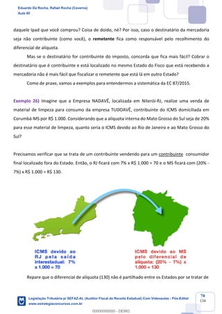 Prof. Eduardo da Rocha
Aula 00
70
134
daquele Ipad que você comprou? Coisa de doido, né? Por isso, caso o destinatário da mercadoria
seja não contribuinte (como você), o remetente fica como responsável pelo recolhimento do
diferencial de alíquota.
Mas se o destinatário for contribuinte do imposto, concorda que fica mais fácil? Cobrar o
destinatário que é contribuinte e está localizado no mesmo Estado do Fisco que está recebendo a
mercadoria não é mais fácil que fiscalizar o remetente que está lá em outro Estado?
Como de praxe, vamos a exemplos para entendermos a sistemática da EC 87/2015.
Exemplo 26) Imagine que a Empresa NADAVÊ, localizada em Niterói-RJ, realize uma venda de
material de limpeza para consumo da empresa TUDOAVÊ, contribuinte do ICMS domiciliada em
Corumbá-MS por R$ 1.000. Considerando que a alíquota interna do Mato Grosso do Sul seja de 20%
para esse material de limpeza, quanto seria o ICMS devido ao Rio de Janeiro e ao Mato Grosso do
Sul?
Precisamos verificar que se trata de um contribuinte vendendo para um contribuinte consumidor
final localizado fora do Estado. Então, o RJ ficará com 7% x R$ 1.000 = 70 e o MS ficará com (20% -
7%) x R$ 1.000 = R$ 130.
Repare que o diferencial de alíquota (130) não é partilhado entre os Estados por se tratar de
Eduardo Da Rocha, Rafael Rocha (Caverna)
Aula 00
Legislação Tributária p/ SEFAZ-AL (Auditor Fiscal da Receita Estadual) Com Videoaulas - Pós-Edital
www.estrategiaconcursos.com.br
0
00000000000 - DEMO
 