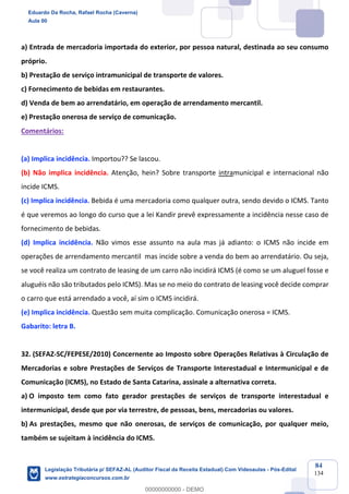 Prof. Eduardo da Rocha
Aula 00
84
134
a) Entrada de mercadoria importada do exterior, por pessoa natural, destinada ao seu consumo
próprio.
b) Prestação de serviço intramunicipal de transporte de valores.
c) Fornecimento de bebidas em restaurantes.
d) Venda de bem ao arrendatário, em operação de arrendamento mercantil.
e) Prestação onerosa de serviço de comunicação.
Comentários:
(a) Implica incidência. Importou?? Se lascou.
(b) Não implica incidência. Atenção, hein? Sobre transporte intramunicipal e internacional não
incide ICMS.
(c) Implica incidência. Bebida é uma mercadoria como qualquer outra, sendo devido o ICMS. Tanto
é que veremos ao longo do curso que a lei Kandir prevê expressamente a incidência nesse caso de
fornecimento de bebidas.
(d) Implica incidência. Não vimos esse assunto na aula mas já adianto: o ICMS não incide em
operações de arrendamento mercantil mas incide sobre a venda do bem ao arrendatário. Ou seja,
se você realiza um contrato de leasing de um carro não incidirá ICMS (é como se um aluguel fosse e
aluguéis não são tributados pelo ICMS). Mas se no meio do contrato de leasing você decide comprar
o carro que está arrendado a você, aí sim o ICMS incidirá.
(e) Implica incidência. Questão sem muita complicação. Comunicação onerosa = ICMS.
Gabarito: letra B.
32. (SEFAZ-SC/FEPESE/2010) Concernente ao Imposto sobre Operações Relativas à Circulação de
Mercadorias e sobre Prestações de Serviços de Transporte Interestadual e Intermunicipal e de
Comunicação (ICMS), no Estado de Santa Catarina, assinale a alternativa correta.
a) O imposto tem como fato gerador prestações de serviços de transporte interestadual e
intermunicipal, desde que por via terrestre, de pessoas, bens, mercadorias ou valores.
b) As prestações, mesmo que não onerosas, de serviços de comunicação, por qualquer meio,
também se sujeitam à incidência do ICMS.
Eduardo Da Rocha, Rafael Rocha (Caverna)
Aula 00
Legislação Tributária p/ SEFAZ-AL (Auditor Fiscal da Receita Estadual) Com Videoaulas - Pós-Edital
www.estrategiaconcursos.com.br
0
00000000000 - DEMO
 