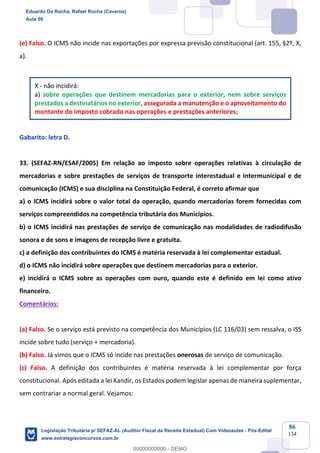 Prof. Eduardo da Rocha
Aula 00
86
134
(e) Falso. O ICMS não incide nas exportações por expressa previsão constitucional (art. 155, §2º, X,
a).
X - não incidirá:
a) sobre operações que destinem mercadorias para o exterior, nem sobre serviços
prestados a destinatários no exterior, assegurada a manutenção e o aproveitamento do
montante do imposto cobrado nas operações e prestações anteriores;
Gabarito: letra D.
33. (SEFAZ-RN/ESAF/2005) Em relação ao imposto sobre operações relativas à circulação de
mercadorias e sobre prestações de serviços de transporte interestadual e intermunicipal e de
comunicação (ICMS) e sua disciplina na Constituição Federal, é correto afirmar que
a) o ICMS incidirá sobre o valor total da operação, quando mercadorias forem fornecidas com
serviços compreendidos na competência tributária dos Municípios.
b) o ICMS incidirá nas prestações de serviço de comunicação nas modalidades de radiodifusão
sonora e de sons e imagens de recepção livre e gratuita.
c) a definição dos contribuintes do ICMS é matéria reservada à lei complementar estadual.
d) o ICMS não incidirá sobre operações que destinem mercadorias para o exterior.
e) incidirá o ICMS sobre as operações com ouro, quando este é definido em lei como ativo
financeiro.
Comentários:
(a) Falso. Se o serviço está previsto na competência dos Municípios (LC 116/03) sem ressalva, o ISS
incide sobre tudo (serviço + mercadoria).
(b) Falso. Já vimos que o ICMS só incide nas prestações onerosas de serviço de comunicação.
(c) Falso. A definição dos contribuintes é matéria reservada à lei complementar por força
constitucional. Após editada a lei Kandir, os Estados podem legislar apenas de maneira suplementar,
sem contrariar a normal geral. Vejamos:
Eduardo Da Rocha, Rafael Rocha (Caverna)
Aula 00
Legislação Tributária p/ SEFAZ-AL (Auditor Fiscal da Receita Estadual) Com Videoaulas - Pós-Edital
www.estrategiaconcursos.com.br
0
00000000000 - DEMO
 