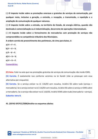 Prof. Eduardo da Rocha
Aula 00
95
134
( ) O imposto incide sobre as prestações onerosas e gratuitas de serviços de comunicação, por
qualquer meio, inclusive a geração, a emissão, a recepção, a transmissão, a repetição e a
ampliação de comunicação de qualquer natureza.
( ) O imposto incide sobre a entrada, no território do Estado, de energia elétrica, quando não
destinada à comercialização ou à industrialização, decorrente de operações interestaduais.
( ) O imposto incide sobre o fornecimento de mercadorias com prestação de serviços não
compreendidos na competência tributária dos Municípios.
A ordem correta de preenchimento dos parênteses, de cima para baixo, é:
a) V – F – F.
b) F – V – V.
c) F – V – F.
d) V – V – V.
e) V – V – F.
Comentários:
(F) Falso. Falei na aula que nas prestações gratuitas de serviços de comunicação não incide ICMS.
(V) Correto. É exatamente isso conforme veremos na lei Kandir (não se preocupe com essa
alternativa por enquanto).
(V) Correto. Se o serviço estiver na LC 116/03 sem ressalva, incidirá ISS sobre tudo (serviço +
mercadoria). Se o serviço estiver na LC 116/03 com ressalva, incidirá ISS sobre o serviço e ICMS sobre
a mercadoria. Se o serviço não estiver na LC 116/03, incidirá ICMS sobre tudo (mercadoria + serviço).
Gabarito: letra B.
41. (SEFAZ-SP/FCC/2006)Analise os esquemas abaixo:
Eduardo Da Rocha, Rafael Rocha (Caverna)
Aula 00
Legislação Tributária p/ SEFAZ-AL (Auditor Fiscal da Receita Estadual) Com Videoaulas - Pós-Edital
www.estrategiaconcursos.com.br
0
00000000000 - DEMO
 
