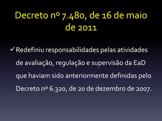 Decreto nº 7.480, de 16 de maio 
de 2011 
Redefiniu responsabilidades pelas atividades 
de avaliação, regulação e supervisão da EaD 
que haviam sido anteriormente definidas pelo 
Decreto nº 6.320, de 20 de dezembro de 2007. 
 