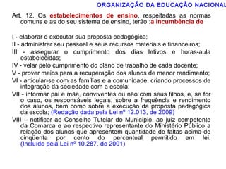 ORGANIZAÇÃO DA EDUCAÇÃO NACIONAL 
Art. 12. Os estabelecimentos de ensino, respeitadas as normas 
comuns e as do seu sistema de ensino, terão :a incumbência de 
I - elaborar e executar sua proposta pedagógica; 
II - administrar seu pessoal e seus recursos materiais e financeiros; 
III - assegurar o cumprimento dos dias letivos e horas-aula 
estabelecidas; 
IV - velar pelo cumprimento do plano de trabalho de cada docente; 
V - prover meios para a recuperação dos alunos de menor rendimento; 
VI - articular-se com as famílias e a comunidade, criando processos de 
integração da sociedade com a escola; 
VII - informar pai e mãe, conviventes ou não com seus filhos, e, se for 
o caso, os responsáveis legais, sobre a frequência e rendimento 
dos alunos, bem como sobre a execução da proposta pedagógica 
da escola; (Redação dada pela Lei nº 12.013, de 2009) 
VIII – notificar ao Conselho Tutelar do Município, ao juiz competente 
da Comarca e ao respectivo representante do Ministério Público a 
relação dos alunos que apresentem quantidade de faltas acima de 
cinqüenta por cento do percentual permitido em lei. 
(Incluído pela Lei nº 10.287, de 2001) 
 