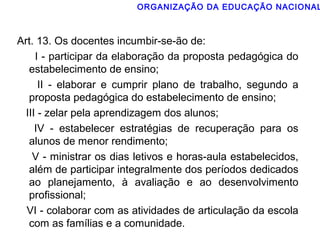 ORGANIZAÇÃO DA EDUCAÇÃO NACIONAL 
Art. 13. Os docentes incumbir-se-ão de: 
I - participar da elaboração da proposta pedagógica do 
estabelecimento de ensino; 
II - elaborar e cumprir plano de trabalho, segundo a 
proposta pedagógica do estabelecimento de ensino; 
III - zelar pela aprendizagem dos alunos; 
IV - estabelecer estratégias de recuperação para os 
alunos de menor rendimento; 
V - ministrar os dias letivos e horas-aula estabelecidos, 
além de participar integralmente dos períodos dedicados 
ao planejamento, à avaliação e ao desenvolvimento 
profissional; 
VI - colaborar com as atividades de articulação da escola 
com as famílias e a comunidade. 
 