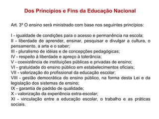 Dos Princípios e Fins da Educação Nacional 
Art. 3º O ensino será ministrado com base nos seguintes princípios: 
I - igualdade de condições para o acesso e permanência na escola; 
II - liberdade de aprender, ensinar, pesquisar e divulgar a cultura, o 
pensamento, a arte e o saber; 
III - pluralismo de idéias e de concepções pedagógicas; 
IV - respeito à liberdade e apreço à tolerância; 
V - coexistência de instituições públicas e privadas de ensino; 
VI - gratuidade do ensino público em estabelecimentos oficiais; 
VII - valorização do profissional da educação escolar; 
VIII - gestão democrática do ensino público, na forma desta Lei e da 
legislação dos sistemas de ensino; 
IX - garantia de padrão de qualidade; 
X - valorização da experiência extra-escolar; 
XI - vinculação entre a educação escolar, o trabalho e as práticas 
sociais. 
 