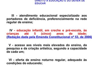 DIREITO À EDUCAÇÃO E DO DEVER DE 
EDUCAR 
III - atendimento educacional especializado aos 
portadores de deficiência, preferencialmente na rede 
regular de ensino; 
IV - educação infantil, em creche e pré-escola, às 
crianças até 5 (cinco) anos de idade; 
(Redação dada pela Emenda Constitucional nº 53, de 2006) 
V - acesso aos níveis mais elevados do ensino, da 
pesquisa e da criação artística, segundo a capacidade 
de cada um; 
VI - oferta de ensino noturno regular, adequado às 
condições do educando; 
 