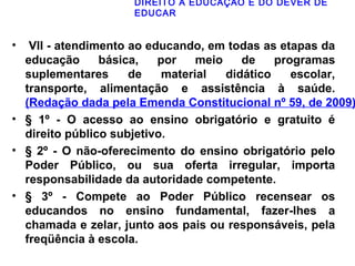 DIREITO À EDUCAÇÃO E DO DEVER DE 
EDUCAR 
• VII - atendimento ao educando, em todas as etapas da 
educação básica, por meio de programas 
suplementares de material didático escolar, 
transporte, alimentação e assistência à saúde. 
(Redação dada pela Emenda Constitucional nº 59, de 2009) 
• § 1º - O acesso ao ensino obrigatório e gratuito é 
direito público subjetivo. 
• § 2º - O não-oferecimento do ensino obrigatório pelo 
Poder Público, ou sua oferta irregular, importa 
responsabilidade da autoridade competente. 
• § 3º - Compete ao Poder Público recensear os 
educandos no ensino fundamental, fazer-lhes a 
chamada e zelar, junto aos pais ou responsáveis, pela 
freqüência à escola. 
 
