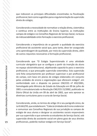 124
LegislaçãoeResoluçõessobreoTrabalhodo/aAssistenteSocial
que indicaram as principais dificuldades encontradas na fiscalização
profissional,bemcomosugestõesparaaregulamentaçãodasupervisão
direta de estágio;
Considerando a necessidade de normatizar a relação direta, sistemática
e contínua entre as Instituições de Ensino Superior, as instituições
campos de estágio e os Conselhos Regionais de Serviço Social, na busca
da indissociabilidade entre formação e exercício profissional;
Considerando a importância de se garantir a qualidade do exercício
profissional do assistente social que, para tanto, deve ter assegurada
uma aprendizagem de qualidade, por meio da supervisão direta, além
de outros requisitos necessários à formação profissional;
Considerando que “O Estágio Supervisionado é uma atividade
curricular obrigatória que se configura a partir da inserção do aluno
no espaço sócioinstitucional, objetivando capacitá-lo para o exercício
profissional, o que pressupõe supervisão sistemática. Esta supervisão
será feita conjuntamente por professor supervisor e por profissional
do campo, com base em planos de estágio elaborados em conjunto
pelas unidades de ensino e organizações que oferecem estágio”, em
conformidade com o disposto no parecer CNE/CES nº 492/2001,
homologado pelo Ministro de Estado da Educação em 09 de julho de
2001 e consubstanciado na Resolução CNE/CES 15/2002, publicada no
Diário Oficial da União em 09 de abril de 2002, que veio aprovar as
diretrizes curriculares para o curso de Serviço Social;
Considerando, ainda, os termos do artigo 14 e seu parágrafo único, da
Lei8.662/93,queestabelecem:“CabeàsUnidadesdeEnsinocredenciar
e comunicar aos Conselhos Regionais de sua jurisdição os campos de
estágio de seus alunos e designar os assistentes sociais responsáveis
por sua supervisão e que somente os estudantes de Serviço Social, sob
supervisão direta do assistente social em pleno gozo de seus direitos
profissionais, poderão realizar estágio em Serviço Social”.
 