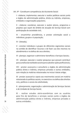 14
LegislaçãoeResoluçõessobreoTrabalhodo/aAssistenteSocial
Art. 4º - Constituem competências do Assistente Social:
I - elaborar, implementar, executar e avaliar políticas sociais junto
a órgãos da administração pública, direta ou indireta, empresas,
entidades e organizações populares;
II - elaborar, coordenar, executar e avaliar planos, programas e
projetos que sejam do âmbito de atuação do Serviço Social com
participação da sociedade civil;
III - encaminhar providências, e prestar orientação social a
indivíduos, grupos e à população;
IV - (Vetado);
V - orientar indivíduos e grupos de diferentes segmentos sociais
no sentido de identificar recursos e de fazer uso dos mesmos no
atendimento e na defesa de seus direitos;
VI - planejar, organizar e administrar benefícios e Serviços Sociais;
VII - planejar, executar e avaliar pesquisas que possam contribuir
paraaanálisedarealidadesocialeparasubsidiaraçõesprofissionais;
VIII - prestar assessoria e consultoria a órgãos da administração
pública direta e indireta, empresas privadas e outras entidades,
com relação às matérias relacionadas no inciso II deste artigo;
IX - prestar assessoria e apoio aos movimentos sociais em matéria
relacionada às políticas sociais, no exercício e na defesa dos direitos
civis, políticos e sociais da coletividade;
X - planejamento, organização e administração de Serviços Sociais
e de Unidade de Serviço Social;
XI - realizar estudos sócio-econômicos com os usuários
para fins de benefícios e serviços sociais junto a órgãos da
administração pública direta e indireta, empresas privadas e
outras entidades.
 