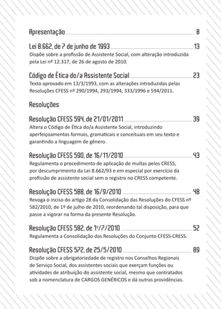 5
ConselhoFederaldeServiçoSocial
4.		 Resolução CFESS 582
Regulamenta a Consolidação das Resoluções do Conjunto CFESS-
CRESS	 1/7/2010	
5.		 Resolução CFESS 572
Dispõe sobre a obrigatoriedade de registro nos Conselhos Regionais
de Serviço Social, dos assistentes sociais que exerçam funções ou
atividades de atribuição do assistente social, mesmo que contratados
sob a nomenclatura de CARGOS GENÉRICOS e dá outras providências.	
25/5/2010	
6.		 Resolução CFESS 569
Dispõe sobre a VEDAÇÃO da realização de terapias associadas ao título
e/ou ao exercício profissional do assistente social.	 25/3/2010	
7.		 Resolução CFESS 568
Regulamenta o procedimento de APLICAÇÃO DE MULTA prevista
pelo parágrafo 4º do artigo 1º, pelo descumprimento das normas
estabelecidas na Resolução CFESS nº 533/08, que regulamenta a
Supervisão de Estágio no âmbito do Serviço Social	15/3/2010	
8.		 Resolução CFESS 559
Dispõe sobre a atuação do Assistente Social, inclusive na qualidade
de perito judicial ou assistente técnico, quando convocado a prestar
depoimento como testemunha, pela autoridade competente.	
16/9/2009	
9.		 Resolução CFESS 557
Dispõe sobre a emissão de pareceres, laudos, opiniões técnicas
conjuntos entre o assistente social e outros profissionais.	
15/09/2009	
10.		 Resolução CFESS 556
Procedimentos para efeito da Lacração do Material Técnico e Material
Técnico-Sigiloso do Serviço Social	15/9/2009	
11.		 Resolução CFESS 554
Dispõe sobre o não reconhecimento da inquirição das vítimas crianças
Apresentação
	
Lei 8.662, de 7 de junho de 1993
Dispõe sobre a profissão de Assistente Social, com alteração introduzida
pela Lei nº 12.317, de 26 de agosto de 2010.
Código de Ética do/a Assistente Social
Texto aprovado em 13/3/1993, com as alterações introduzidas pelas
Resoluções CFESS nº 290/1994, 293/1994, 333/1996 e 594/2011.
Resoluções
Resolução CFESS 594, de 21/01/2011
Altera o Código de Ética do/a Assistente Social, introduzindo
aperfeiçoamentos formais, gramaticais e conceituais em seu texto e
garantindo a linguagem de gênero.
	
Resolução CFESS 590, de 16/11/2010
Regulamenta o procedimento de aplicação de multas pelos CRESS,
por descumprimento da Lei 8.662/93 e em especial por exercício da
profissão de assistente social sem o registro no CRESS competente.	
Resolução CFESS 588, de 16/9/2010
Revoga o inciso do artigo 28 da Consolidação das Resoluções do CFESS nº
582/2010, de 1º de julho de 2010, reordenando tal disposição, para que
passe a vigorar na forma da presente Resolução.
	
Resolução CFESS 582, de 1o
/7/2010
Regulamenta a Consolidação das Resoluções do Conjunto CFESS-CRESS.	
	
Resolução CFESS 572, de 25/5/2010
Dispõe sobre a obrigatoriedade de registro nos Conselhos Regionais
de Serviço Social, dos assistentes sociais que exerçam funções ou
atividades de atribuição do assistente social, mesmo que contratados
sob a nomenclatura de CARGOS GENÉRICOS e dá outras providências.	
8
13
23
39
43
48
52
89
 