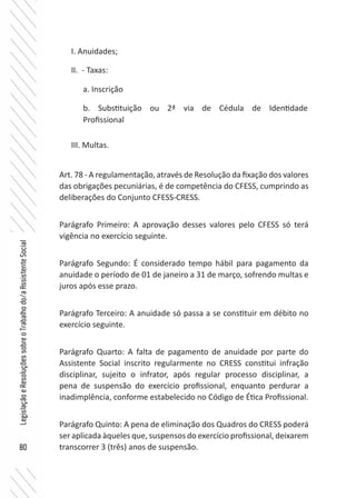 80
LegislaçãoeResoluçõessobreoTrabalhodo/aAssistenteSocial
I. Anuidades;
II. - Taxas:
III. Multas.
Art. 78 - A regulamentação, através de Resolução da fixação dos valores
das obrigações pecuniárias, é de competência do CFESS, cumprindo as
deliberações do Conjunto CFESS-CRESS.
Parágrafo Primeiro: A aprovação desses valores pelo CFESS só terá
vigência no exercício seguinte.
Parágrafo Segundo: É considerado tempo hábil para pagamento da
anuidade o período de 01 de janeiro a 31 de março, sofrendo multas e
juros após esse prazo.
Parágrafo Terceiro: A anuidade só passa a se constituir em débito no
exercício seguinte.
Parágrafo Quarto: A falta de pagamento de anuidade por parte do
Assistente Social inscrito regularmente no CRESS constitui infração
disciplinar, sujeito o infrator, após regular processo disciplinar, a
pena de suspensão do exercício profissional, enquanto perdurar a
inadimplência, conforme estabelecido no Código de Ética Profissional.
Parágrafo Quinto: A pena de eliminação dos Quadros do CRESS poderá
ser aplicada àqueles que, suspensos do exercício profissional, deixarem
transcorrer 3 (três) anos de suspensão.
a. Inscrição
b. Substituição ou 2ª via de Cédula de Identidade
Profissional
 