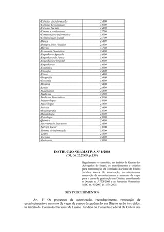 Ciências da Informação 2.400
Ciências Econômicas 3.000
Ciências Sociais 2.400
Cinema e Audiovisual 2.700
Computação e Informática 3.000
Comunicação Social 2.700
Dança 2.400
Design (Artes Visuais) 2.400
Direito 3.700
Economia Doméstica 2.400
Engenharia Agrícola 3.600
Engenharia de Pesca 3.600
Engenharia Florestal 3.600
Engenharias 3.600
Estatística 3.000
Filosofia 2.400
Física 2.400
Geografia 2.400
Geologia 3.600
História 2.400
Letras 2.400
Matemática 2.400
Medicina 7.200
Medicina Veterinária 4.000
Meteorologia 3.000
Museologia 2.400
Música 2.400
Oceanografia 3.000
Odontologia 4.000
Psicologia 4.000
Química 2.400
Secretariado Executivo 2.400
Serviço Social 3.000
Sistema de Informação 3.000
Teatro 2.400
Turismo 2.400
Zootecnia 3.600
INSTRUÇÃO NORMATIVA Nº 1/2008
(DJ, 06.02.2009, p.139)
Regulamenta e consolida, no âmbito da Ordem dos
Advogados do Brasil, os procedimentos e critérios
para manifestação da Comissão Nacional de Ensino
Jurídico acerca de autorização, reconhecimento,
renovação de reconhecimento e aumento de vagas
para o curso de graduação em Direito, considerando
o Decreto n. 5.773/2006 e as Portarias Normativas
MEC ns. 40/2007 e 1.874/2005.
DOS PROCEDIMENTOS
Art. 1º Os processos de autorização, reconhecimento, renovação de
reconhecimento e aumento de vagas de cursos de graduação em Direito serão instruídos,
no âmbito da Comissão Nacional de Ensino Jurídico do Conselho Federal da Ordem dos
 